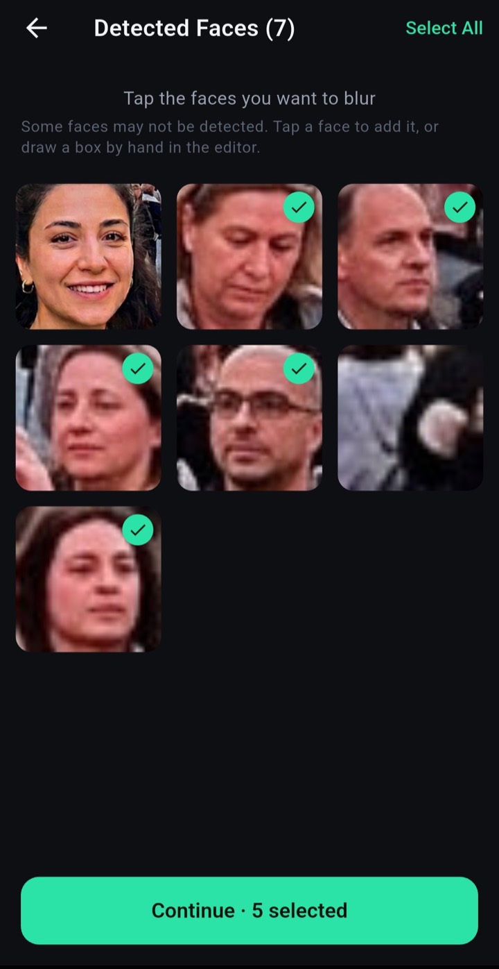 Blurize face gallery — each detected face shown as a thumbnail to select