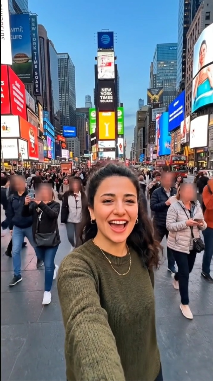 Blurize result: bystanders' faces blurred while the subject stays sharp, shot in Times Square